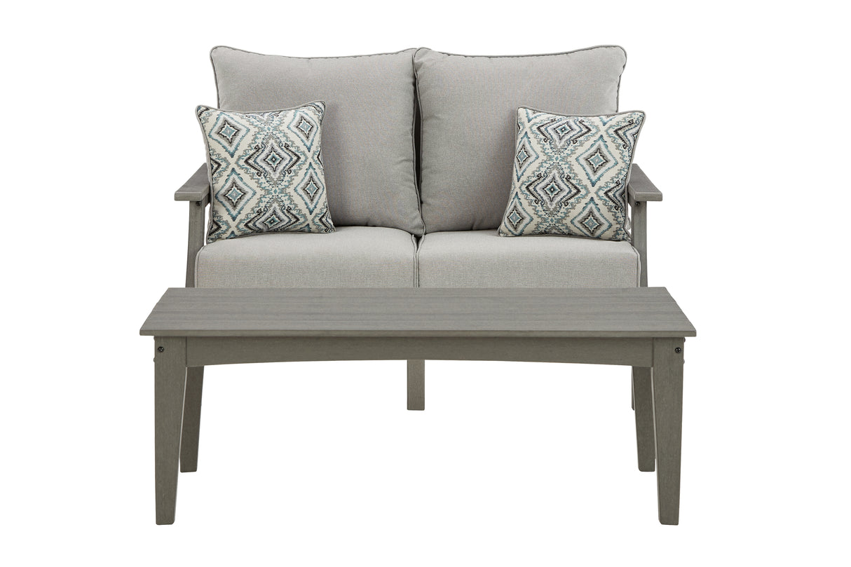 Visola Outdoor Loveseat with Coffee Table in Gray from Ashley Furniture - Luna Furniture