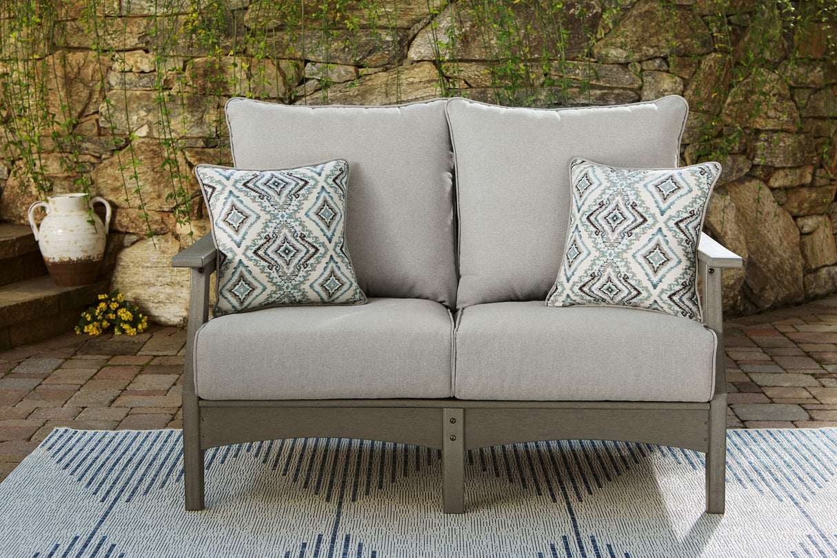 Visola Outdoor Loveseat with Coffee Table in Gray from Ashley Furniture - Luna Furniture