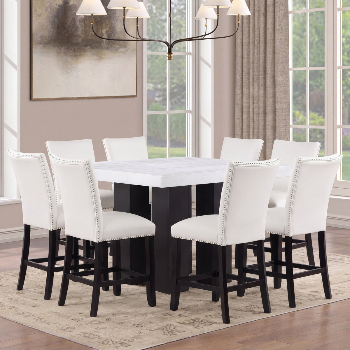 Artemis White Square Marble Top 9-Piece Counter Height Dining Set with White Vegan Leather Chairs
