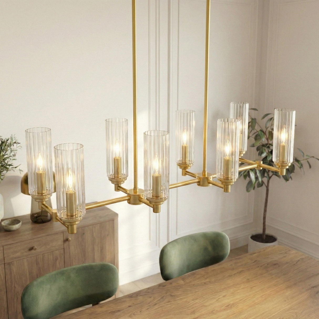 Willow Eight Lights Island With Clear Ribbed Glass Pendant Lamp - Satin Brass from Ashcroft Furniture - Luna Furniture