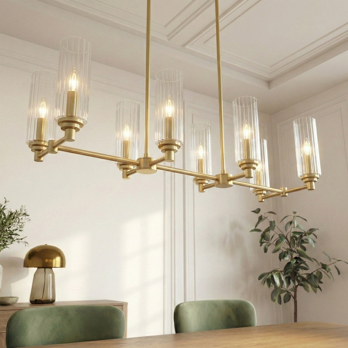 Willow Eight Lights Island With Clear Ribbed Glass Pendant Lamp - Satin Brass from Ashcroft Furniture - Luna Furniture