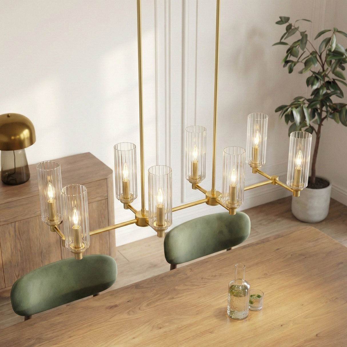 Willow Eight Lights Island With Clear Ribbed Glass Pendant Lamp - Satin Brass from Ashcroft Furniture - Luna Furniture