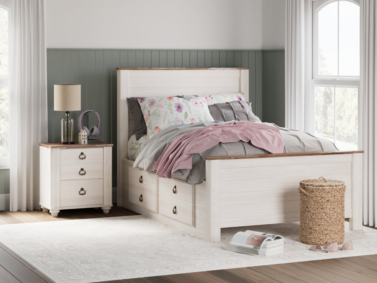 Willowton Full Panel Bed with Storage with Mirrored Dresser, Chest and Nightstand in Whitewash from Ashley - Luna Furniture