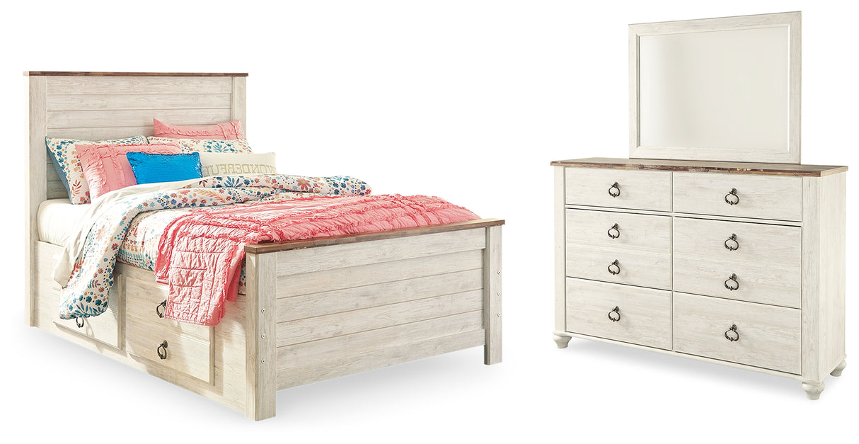 Willowton Full Panel Bed with Storage with Mirrored Dresser in Whitewash from Ashley - Luna Furniture