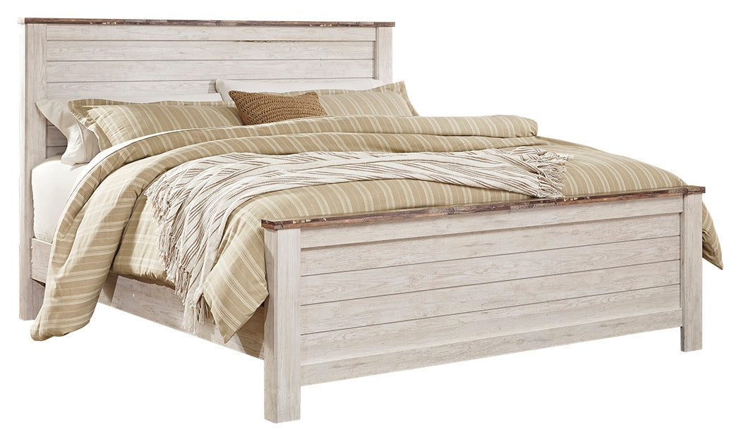 Willowton King Panel Bed with Mirrored Dresser and 2 Nightstands in Whitewash from Ashley - Luna Furniture