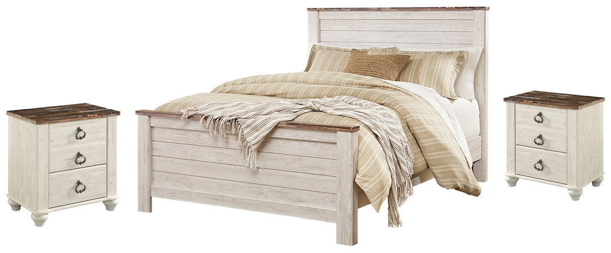 Willowton Queen Panel Bed with 2 Nightstands in Whitewash from Ashley - Luna Furniture