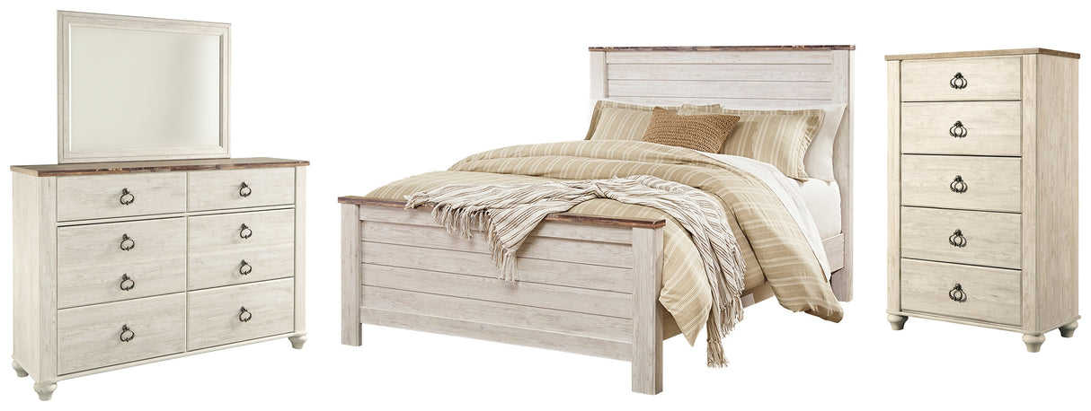 Willowton Queen Panel Bed with Mirrored Dresser and Chest in Whitewash from Ashley - Luna Furniture