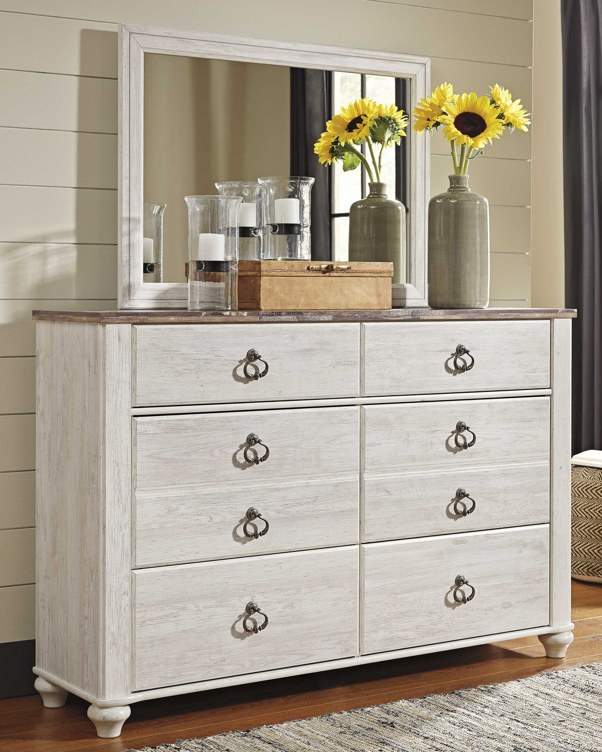 Willowton Whitewash Queen Sleigh Bed, 2 Dressers, Mirror, Chest and 2 Nightstands from Ashley - Luna Furniture