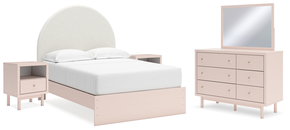 Wistenpine Full Upholstered Panel Bed with Mirrored Dresser and 2 Nightstands in Blush from Ashley - Luna Furniture