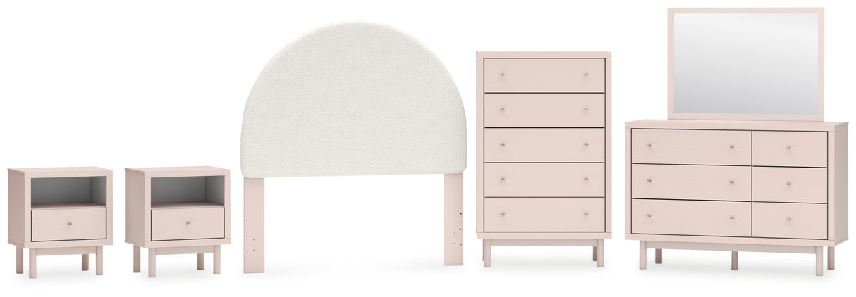 Wistenpine Full Upholstered Panel Headboard with Mirrored Dresser, Chest and 2 Nightstands in Blush from Ashley - Luna Furniture