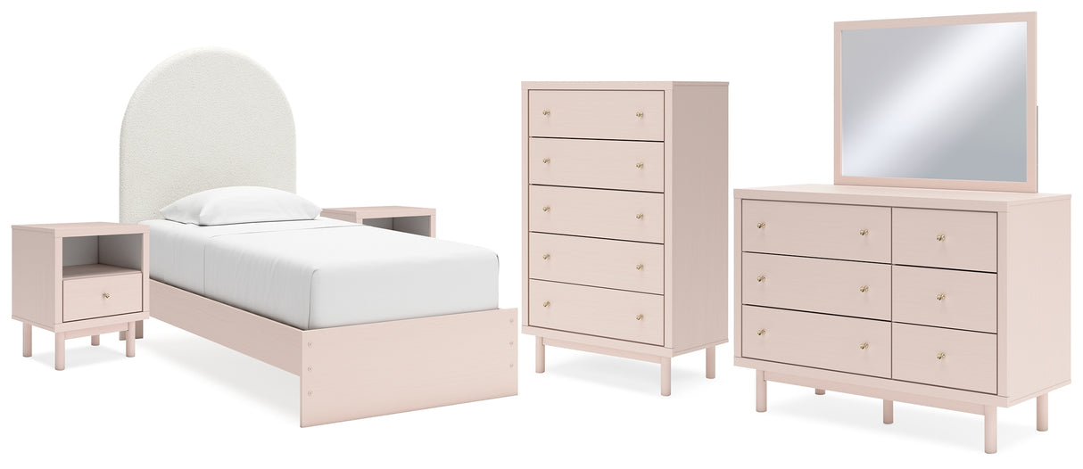 Wistenpine Twin Upholstered Panel Bed with Mirrored Dresser, Chest and 2 Nightstands in Blush from Ashley - Luna Furniture