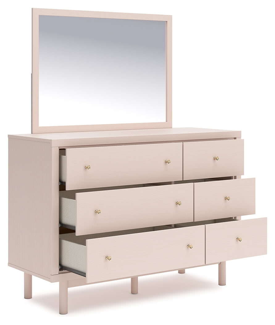 Wistenpine Twin Upholstered Panel Headboard with Mirrored Dresser, Chest and Nightstand in Blush from Ashley - Luna Furniture