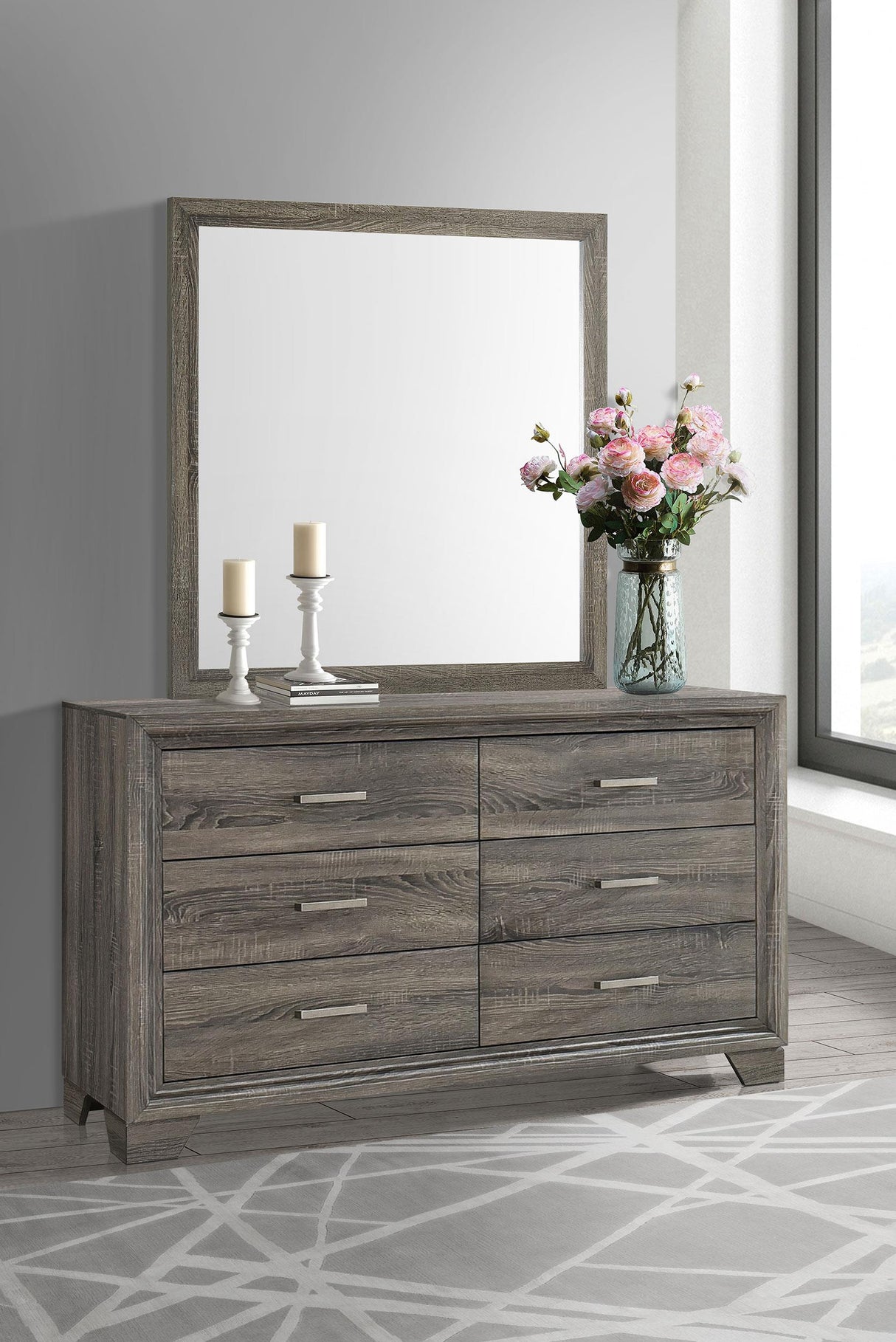 Wright Brown Oak 6-Drawer Dresser and Mirror from Coaster - Luna Furniture