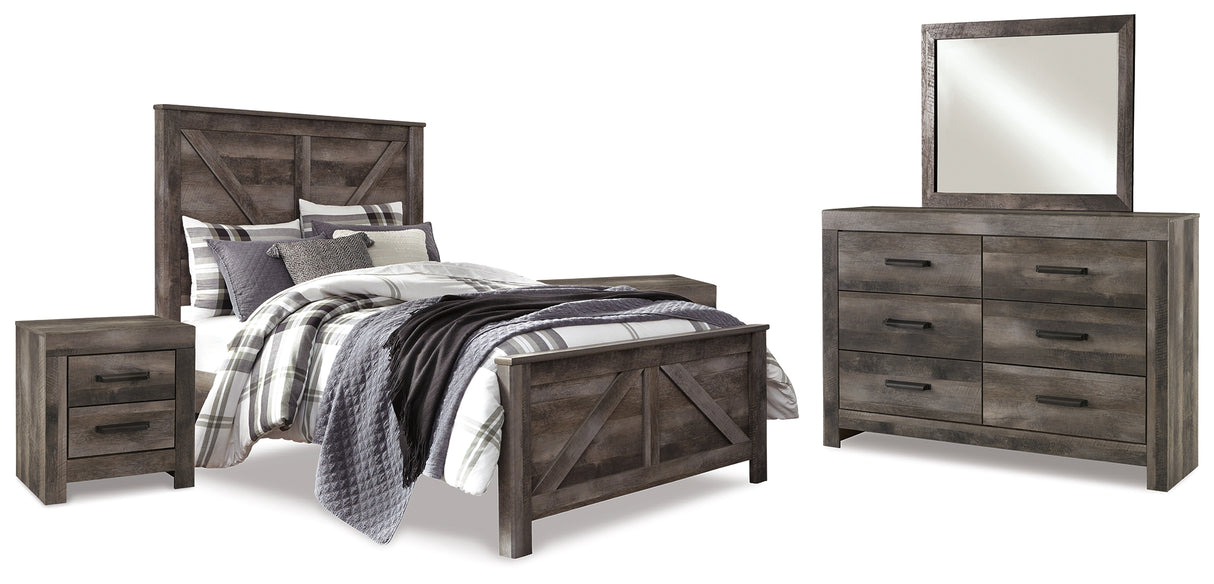 Wynnlow Queen Crossbuck Panel Bed with Mirrored Dresser and 2 Nightstands in Gray from Ashley - Luna Furniture