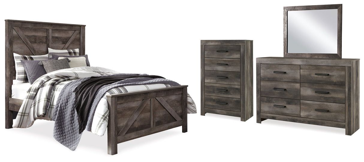 Wynnlow Queen Crossbuck Panel Bed with Mirrored Dresser and Chest in Gray from Ashley - Luna Furniture