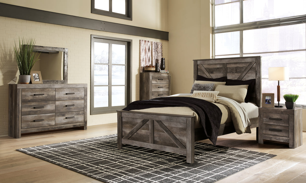 Wynnlow Queen Crossbuck Panel Bed with Mirrored Dresser, Chest and 2 Nightstands in Gray from Ashley - Luna Furniture