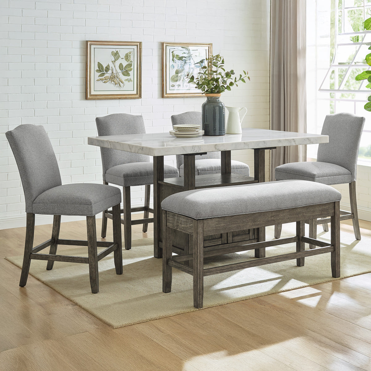 Grayson Gray/White 8-Piece Marble Top Counter Height Dining Table Set with Bench from Steve Silver - Luna Furniture