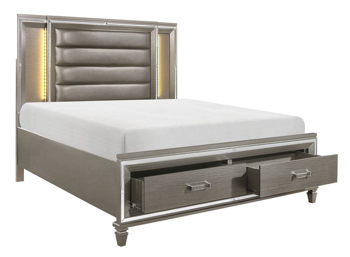 Tamsin Silver/Gray Metallic Eastern King Platform Bed with Footboard Storage, LED Lighting from Homelegance - Luna Furniture