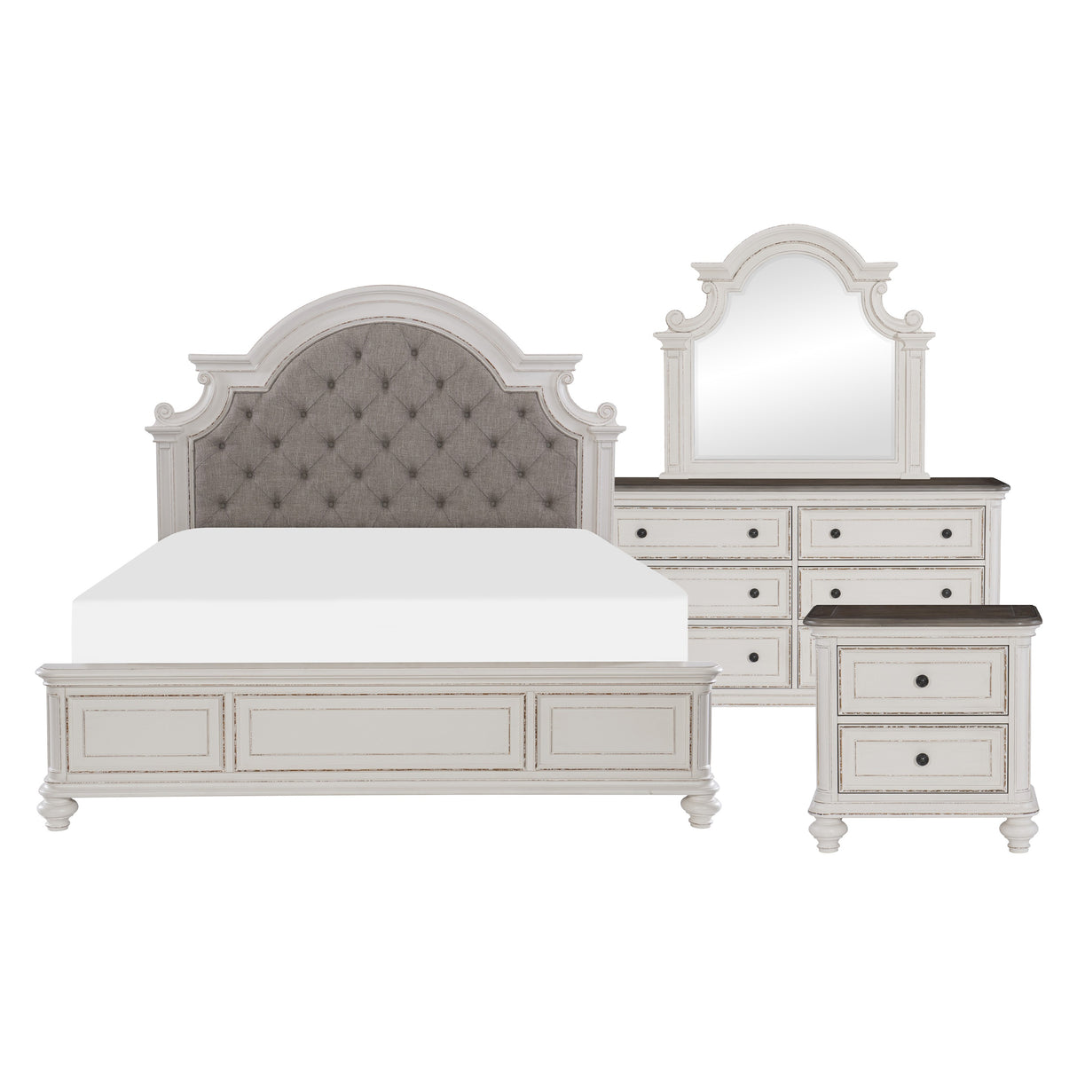 Baylesford Antique White 4-Piece Bedroom Set (Queen Bed, Nightstand, Dresser, Mirror) from Homelegance - Luna Furniture