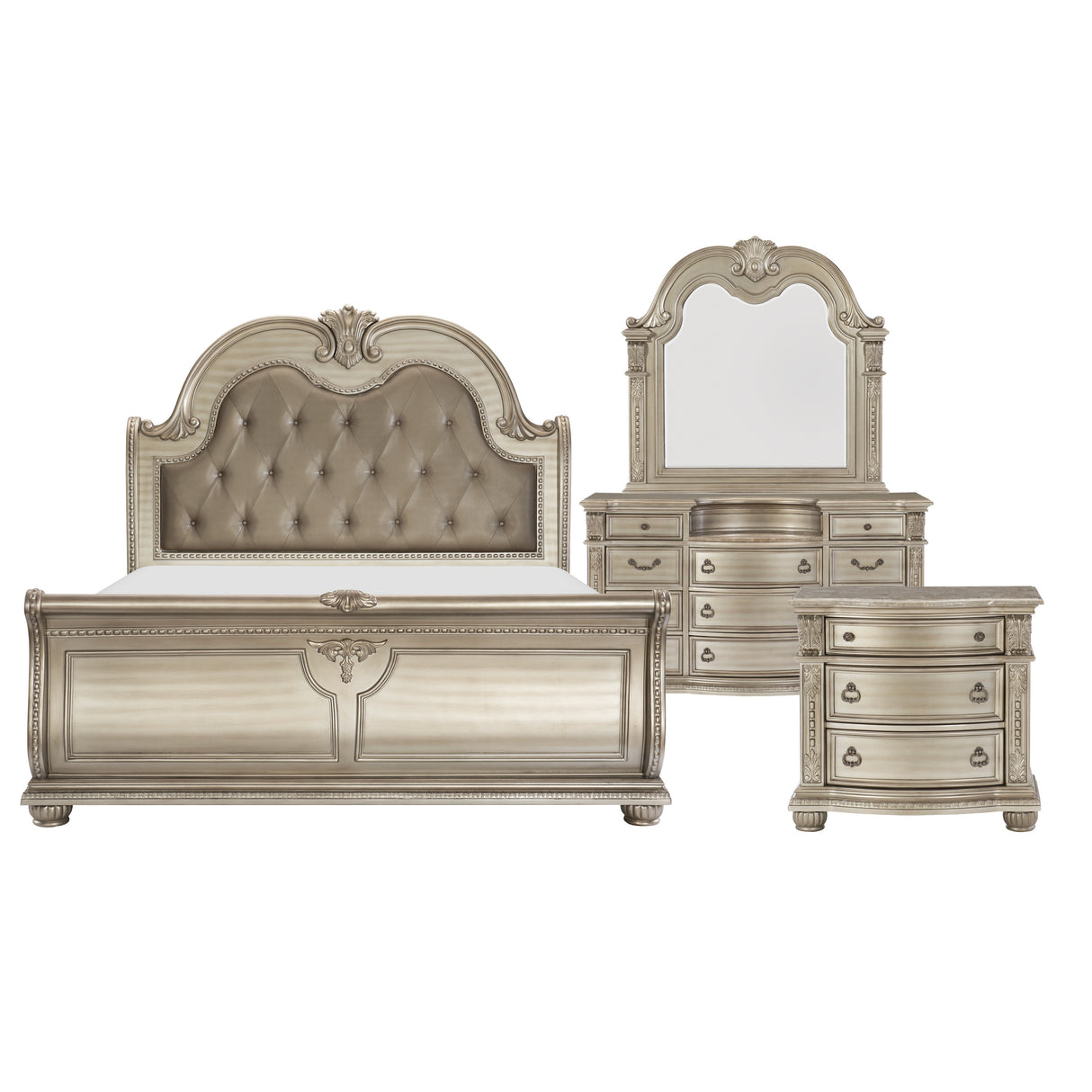 Cavalier Silver 4-Piece Bedroom Set (Queen Bed, Nightstand, Dresser, Mirror) from Homelegance - Luna Furniture
