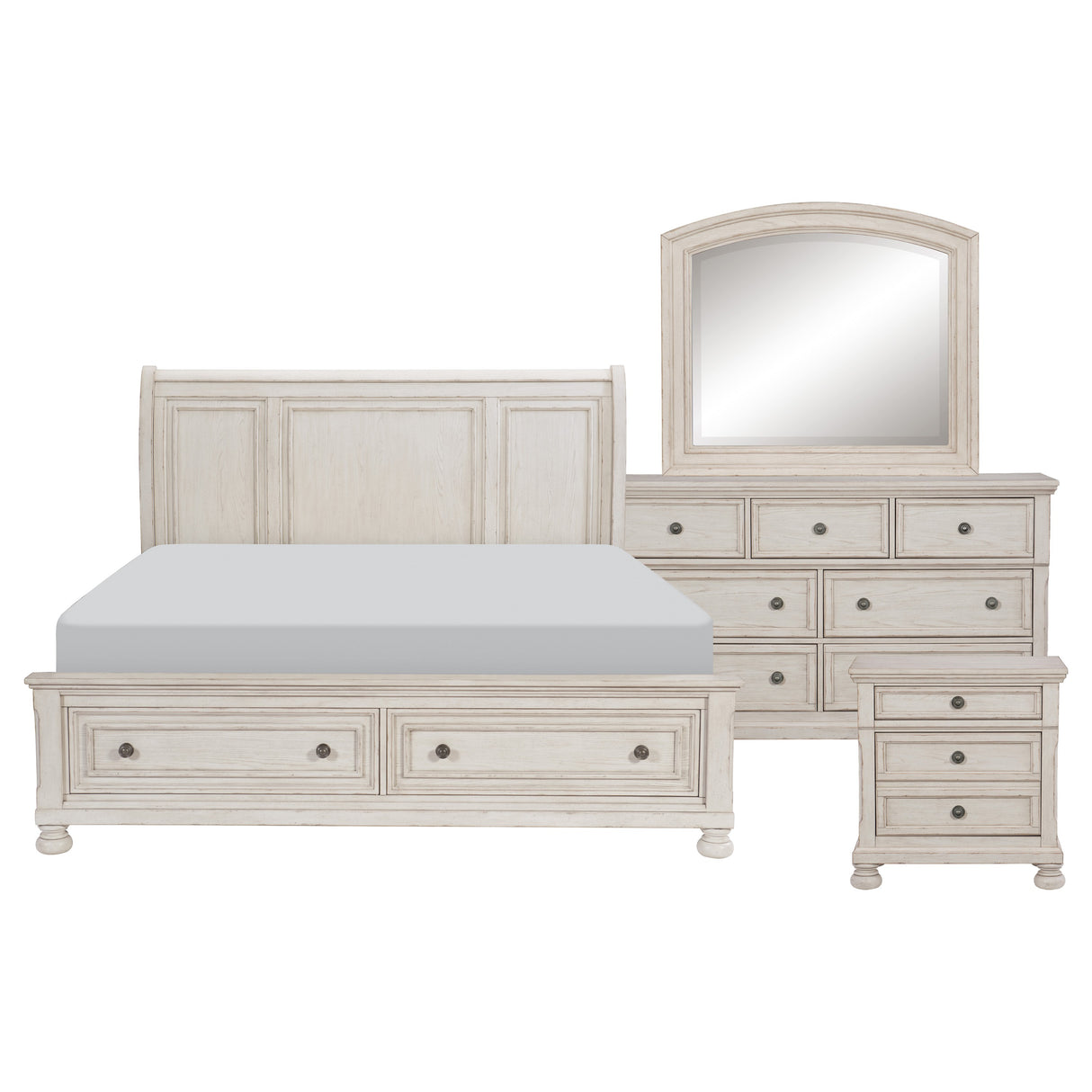 Bethel Wire Brushed White 4-Piece Bedroom Set (Queen Bed, Nightstand, Dresser, Mirror) from Homelegance - Luna Furniture