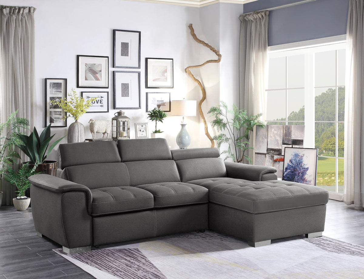 8228GY* (2)2-Piece Sectional with Adjustable Headrests, Pull-out Bed and Right Chaise with Hidden Storage from Homelegance - Luna Furniture