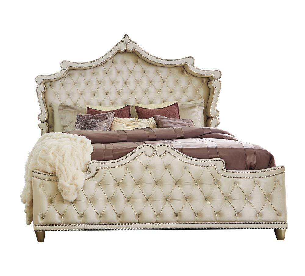 Antonella Ivory and Camel Tufted Upholstered 5-Piece Queen Bedroom Set from Coaster - Luna Furniture