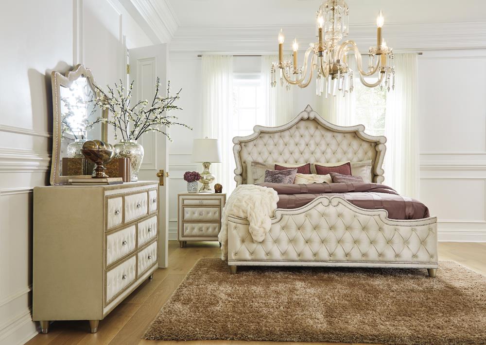 Antonella Ivory and Camel Tufted Upholstered 5-Piece Queen Bedroom Set from Coaster - Luna Furniture