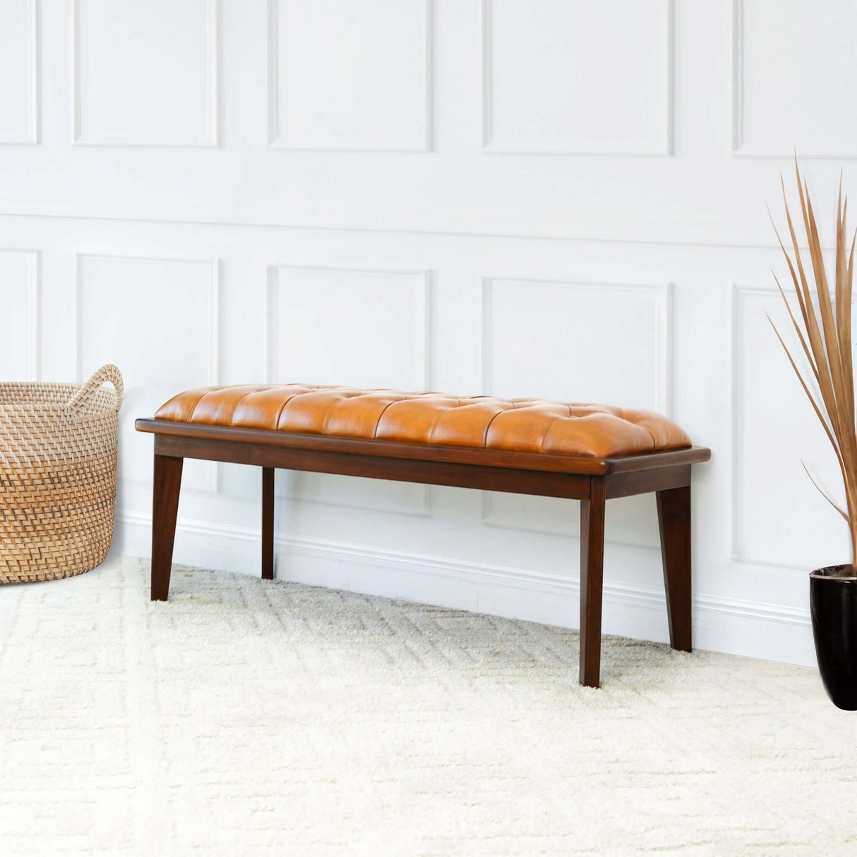 Arden Tan Leather Buttoned Bench from Midinmod - Luna Furniture