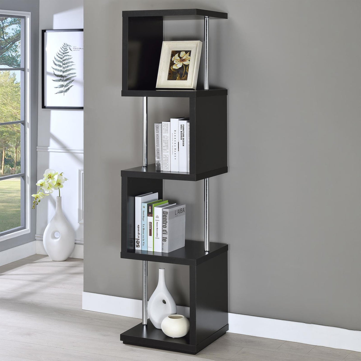 Baxter Black and Chrome 4-Shelf Bookcase from Coaster - Luna Furniture