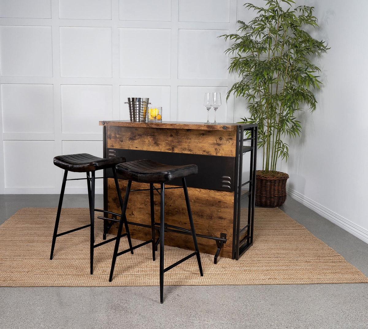 Bayu Antique Espresso and Black Leather Upholstered Saddle Seat Backless Bar Stool, Set of 2 from Coaster - Luna Furniture
