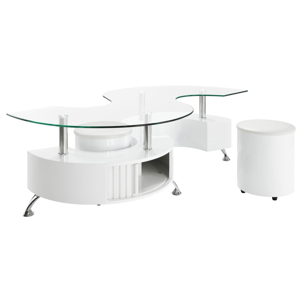 Buckley White High Gloss Curved Glass Top Coffee Table with Stools from Coaster - Luna Furniture