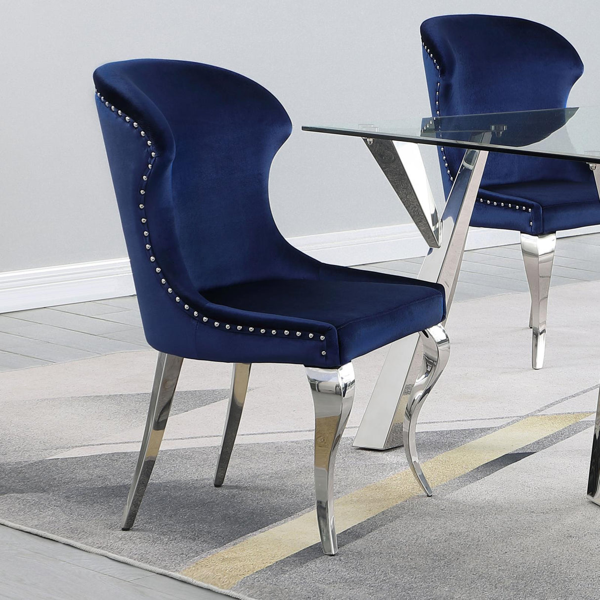 Cheyanne Chrome and Ink Blue Upholstered Wingback Side Chair with Nailhead Trim, Set of 2 from Coaster - Luna Furniture