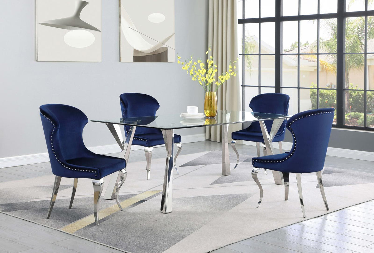 Cheyanne Chrome and Ink Blue Upholstered Wingback Side Chair with Nailhead Trim, Set of 2 from Coaster - Luna Furniture