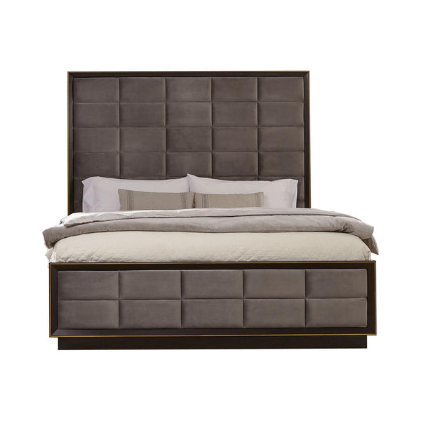 Durango Gray and Smoked Peppercorn Upholstered Eastern King Bed