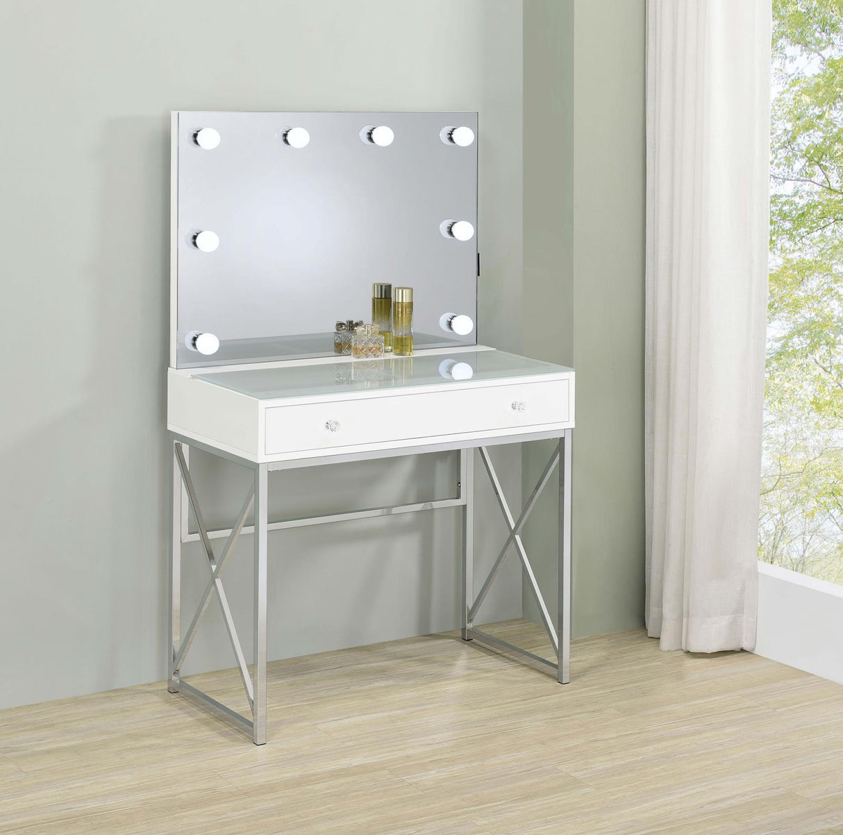Eliza White and Chrome 2-Piece Vanity Set with Hollywood Lighting from Coaster - Luna Furniture
