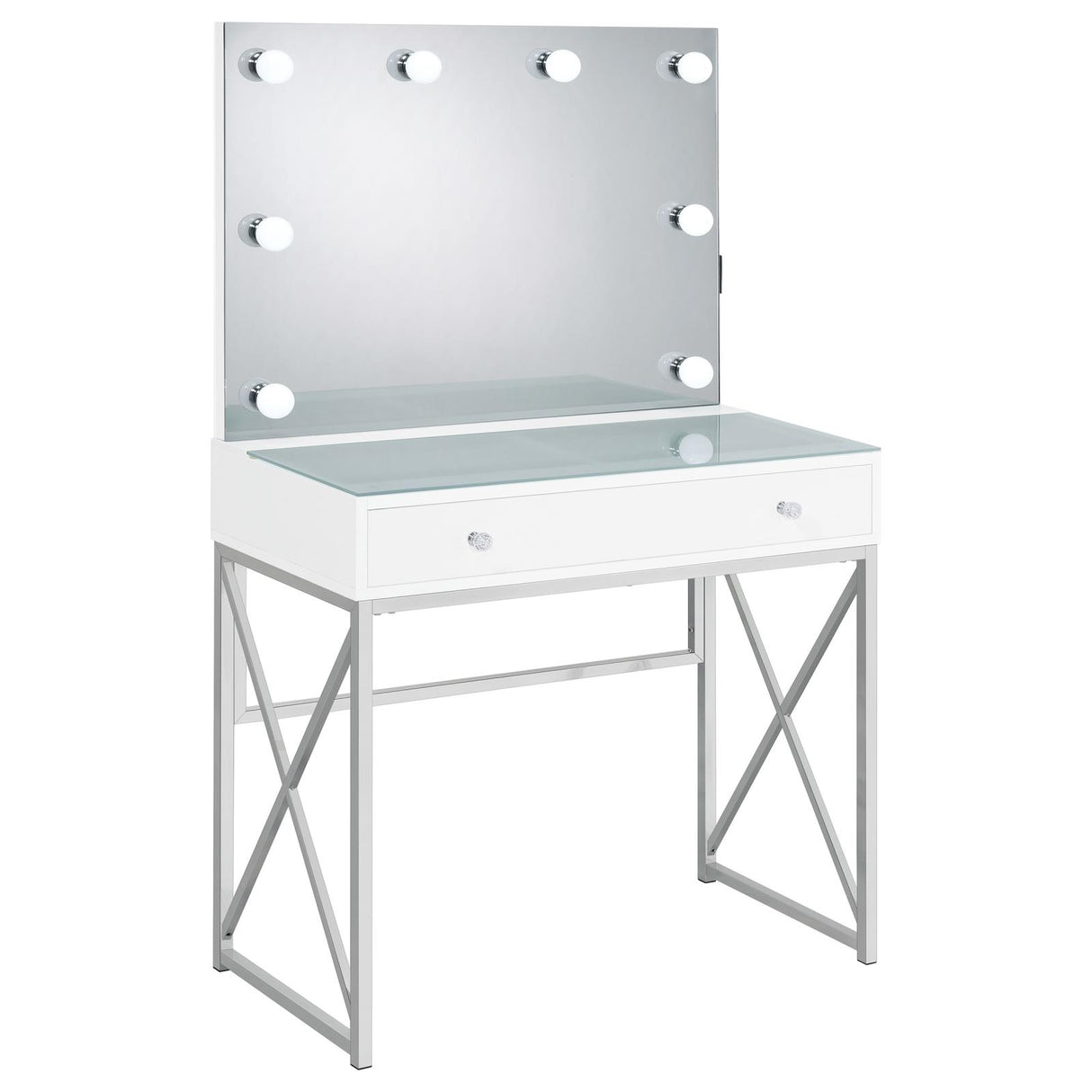 Eliza White and Chrome 2-Piece Vanity Set with Hollywood Lighting from Coaster - Luna Furniture