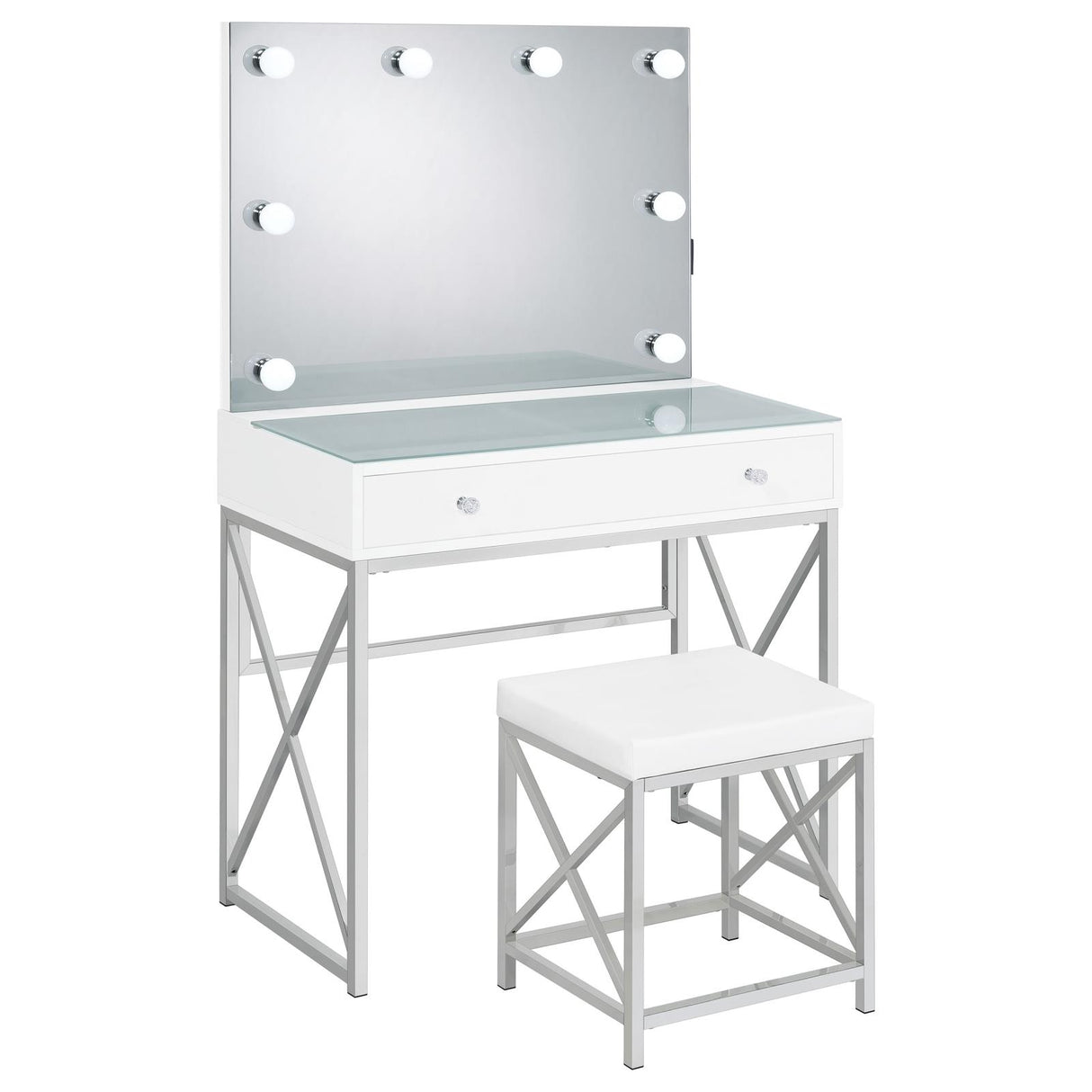 Eliza White and Chrome 2-Piece Vanity Set with Hollywood Lighting from Coaster - Luna Furniture