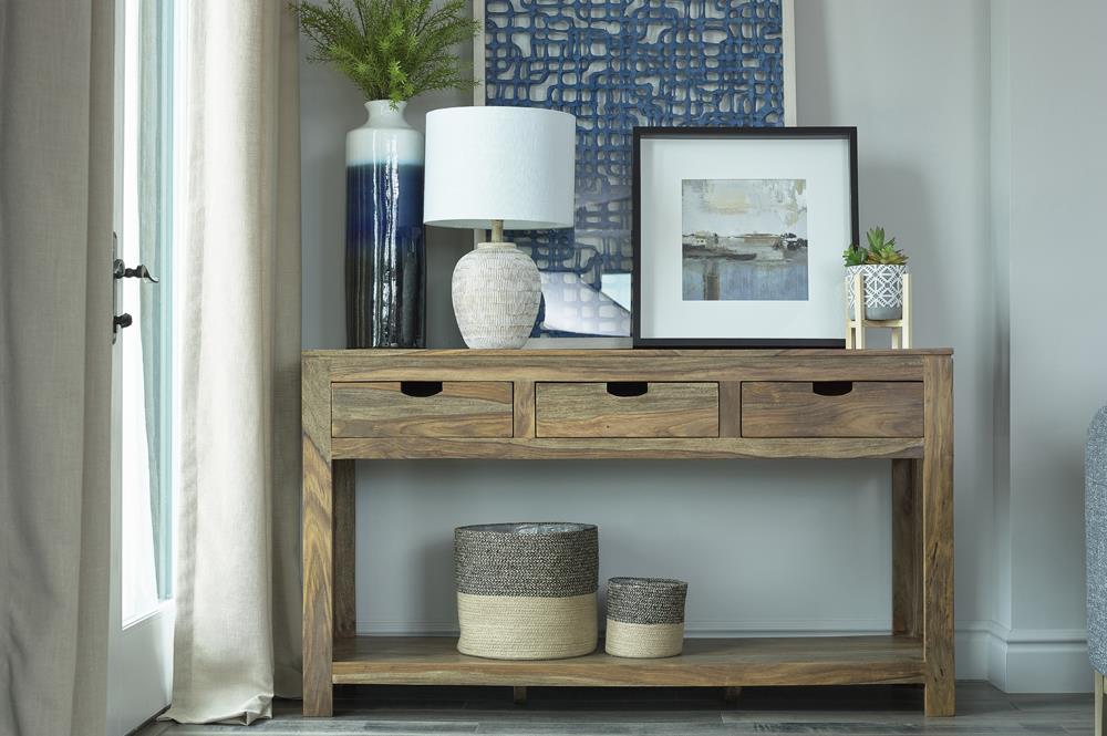 Esther Natural Sheesham 3-Drawer Storage Console Table from Coaster - Luna Furniture