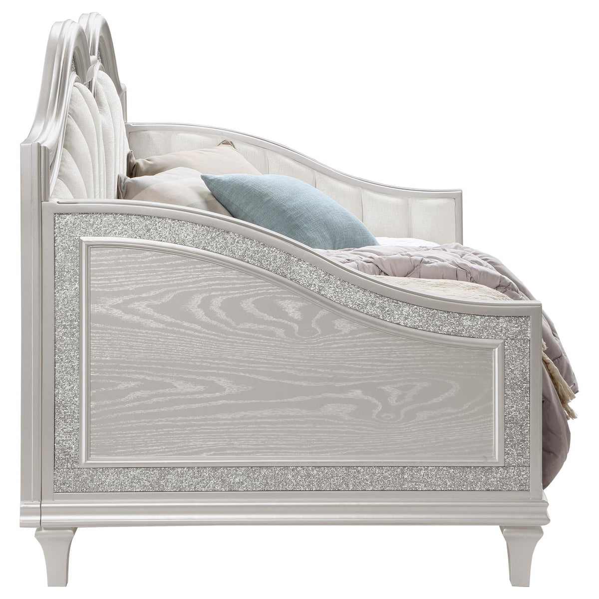 Evangeline Silver and Ivory Upholstered Twin Daybed with Faux Diamond Trim from Coaster - Luna Furniture