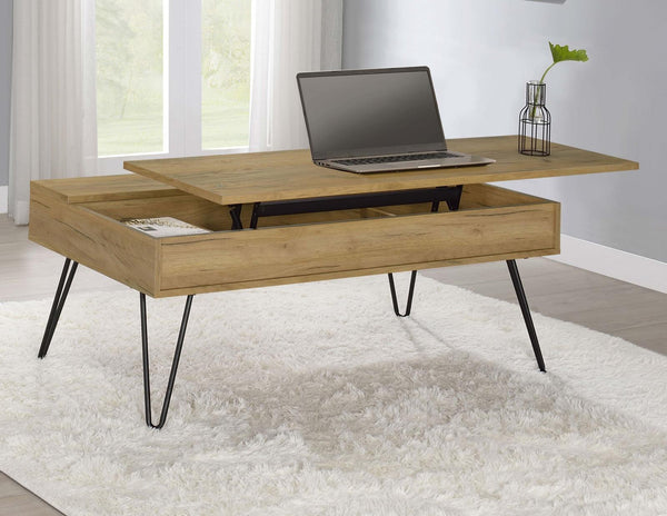 Fanning Golden Oak and Black Lift Top Storage Coffee Table