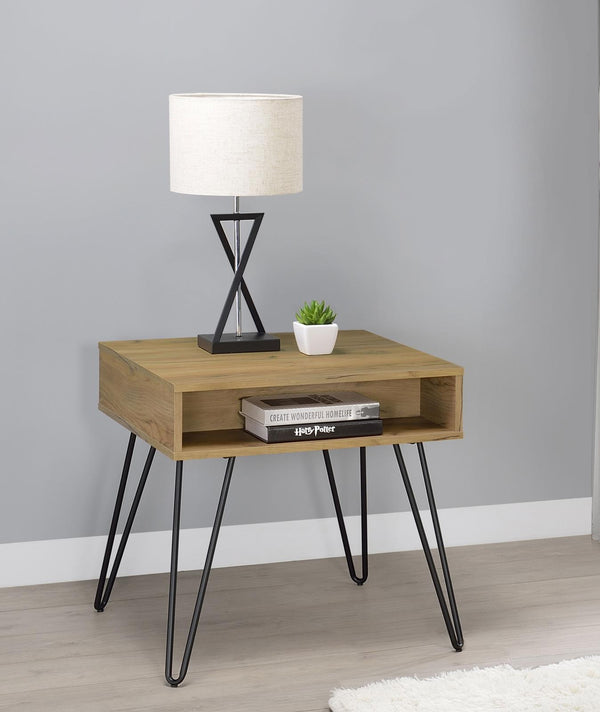 Fanning Golden Oak and Black Square End Table with Open Compartment