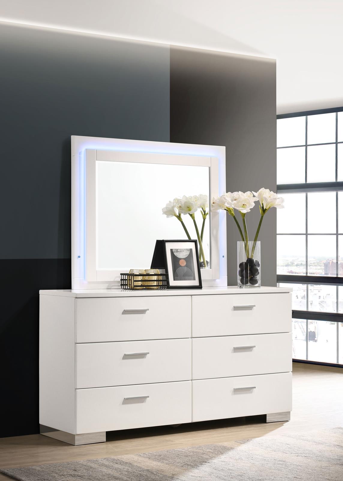 Felicity Glossy White 6-Drawer Dresser with LED Mirror from Coaster - Luna Furniture