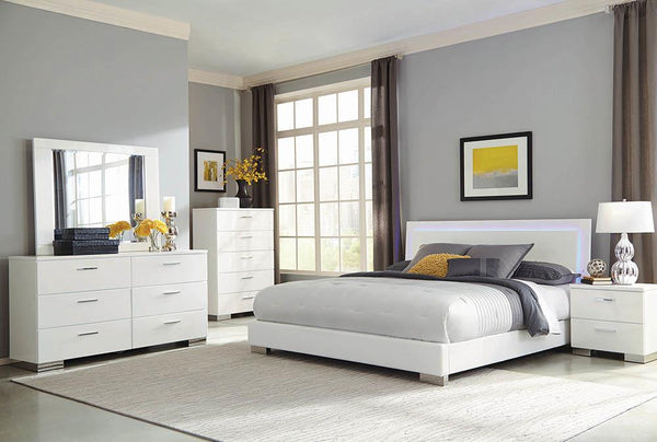 Felicity Glossy White Queen Panel Bed with LED Lighting