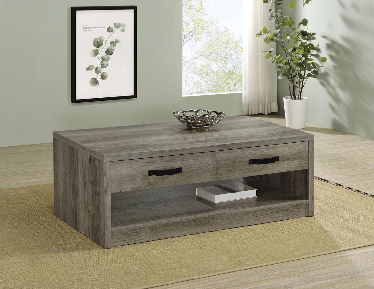 Felix Gray Driftwood 2-Drawer Rectangular Engineered Wood Coffee Table from Coaster - Luna Furniture