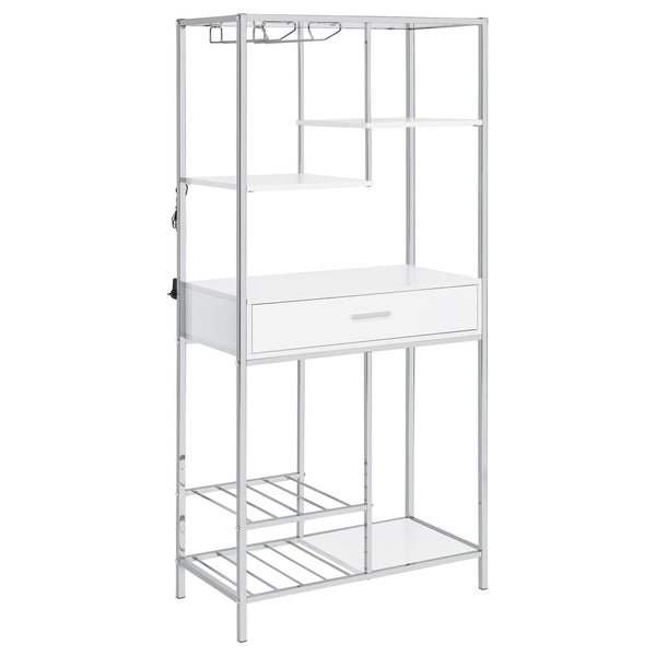 Figueroa White High Gloss and Chrome 5-Shelf Wine Cabinet with Storage Drawer