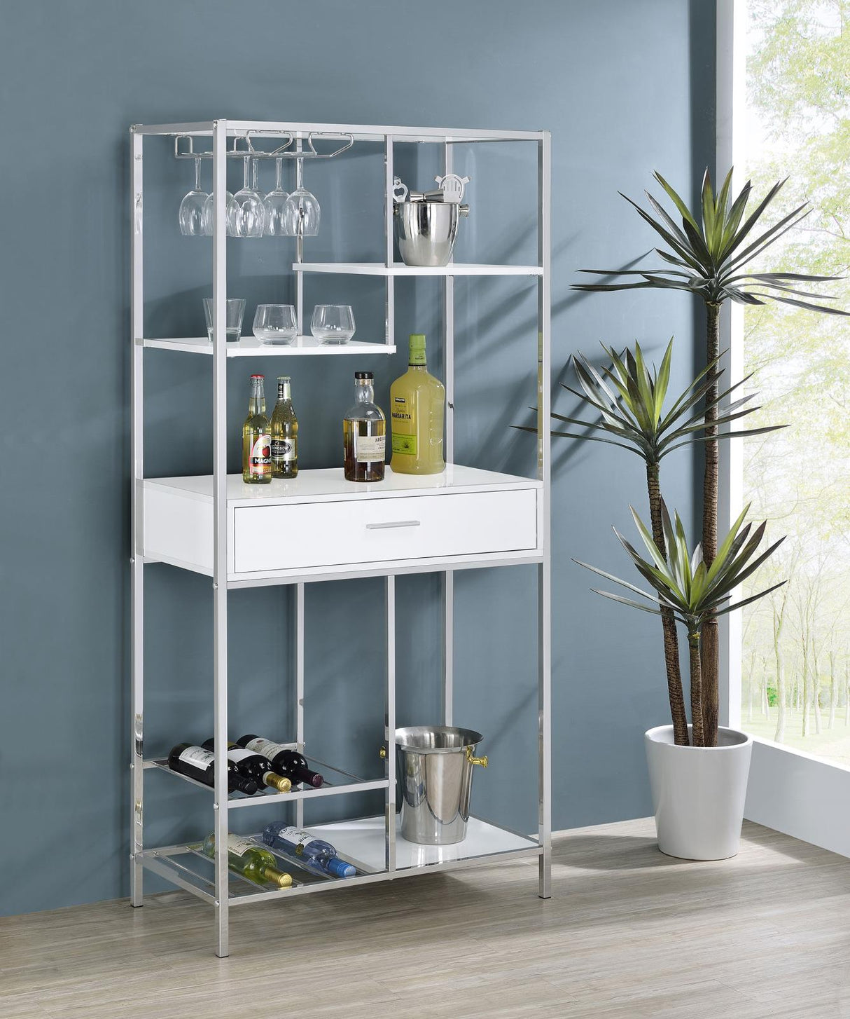Figueroa White High Gloss and Chrome 5-Shelf Wine Cabinet with Storage Drawer from Coaster - Luna Furniture