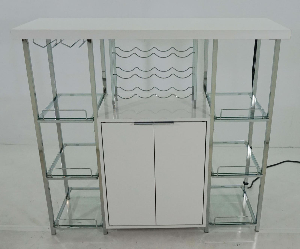 Gallimore High Glossy White and Chrome 2-Door Bar Cabinet with Glass Shelf from Coaster - Luna Furniture