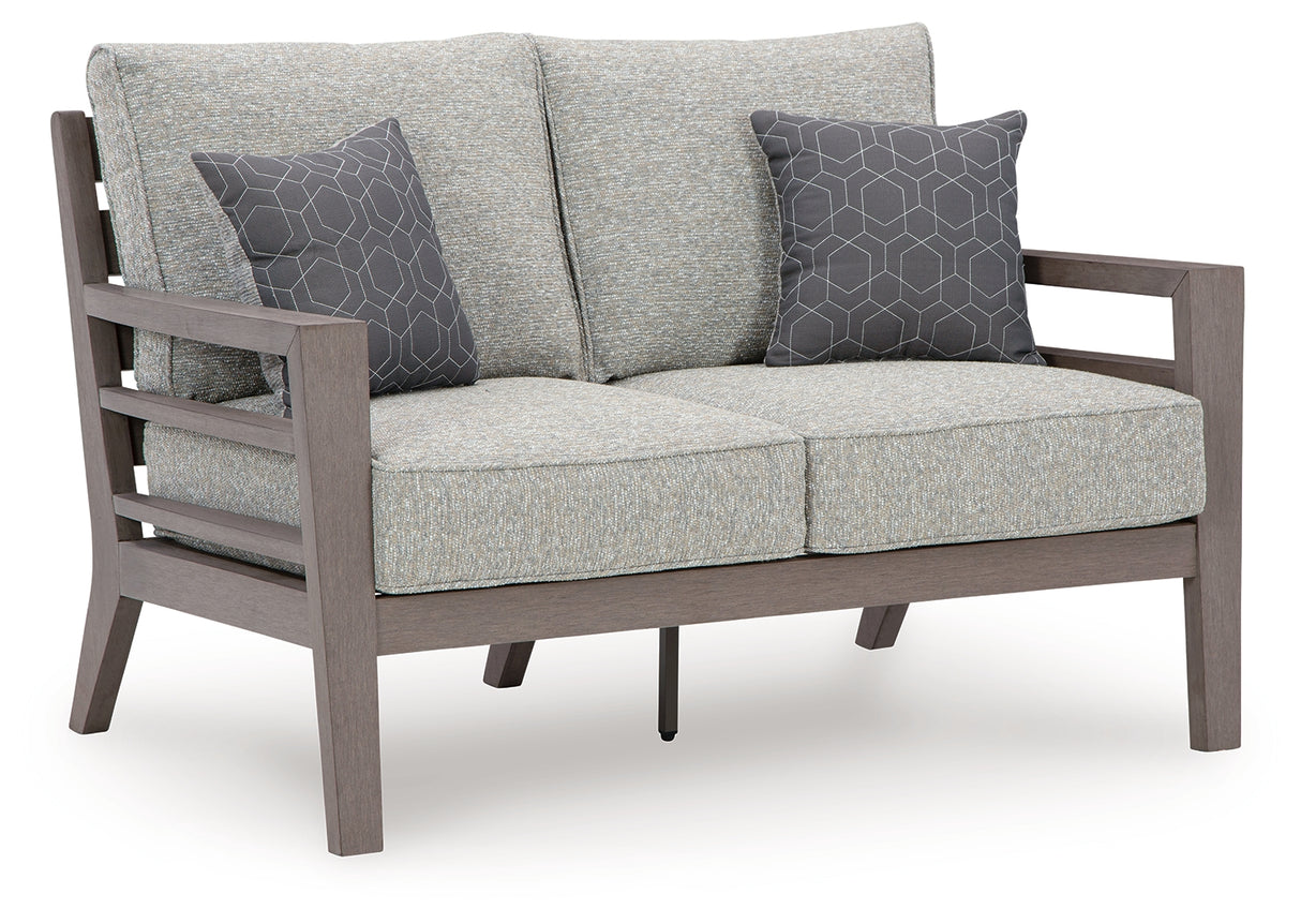 Hillside Barn Gray/Brown Outdoor Loveseat with Cushion from Ashley - Luna Furniture