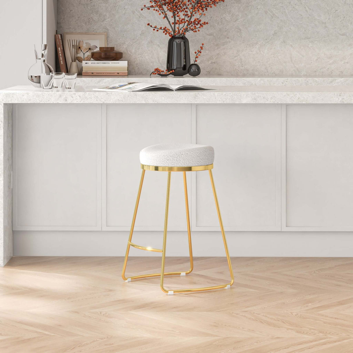 Jane 26" Mid-Century Modern Luxury Upholstered Stool Ivory Boucle from Ashcroft Furniture - Luna Furniture
